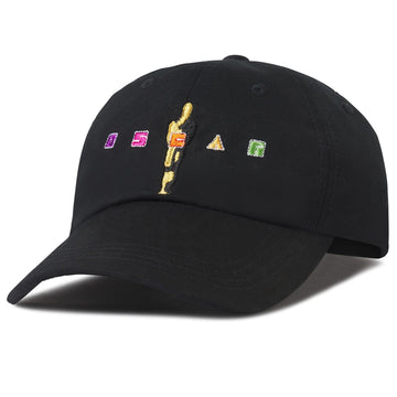 A black unstructured cap with a design featuring a golden statue and colorful squares on the front. Men's Women's Adult Unisex Size hat